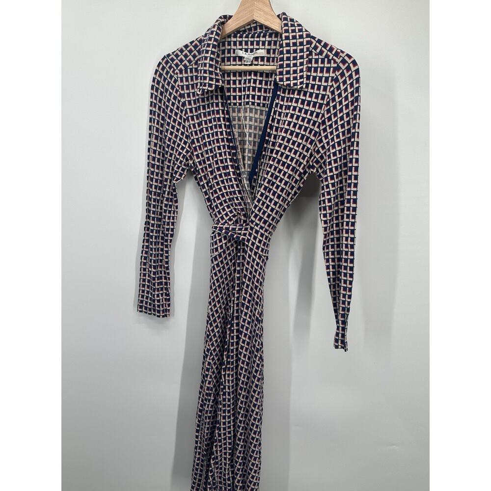 L.K. Bennett Wrap Dress Womens 8 Navy Cream Geometric Print Long Sleeve Midi - Picture 7 of 11